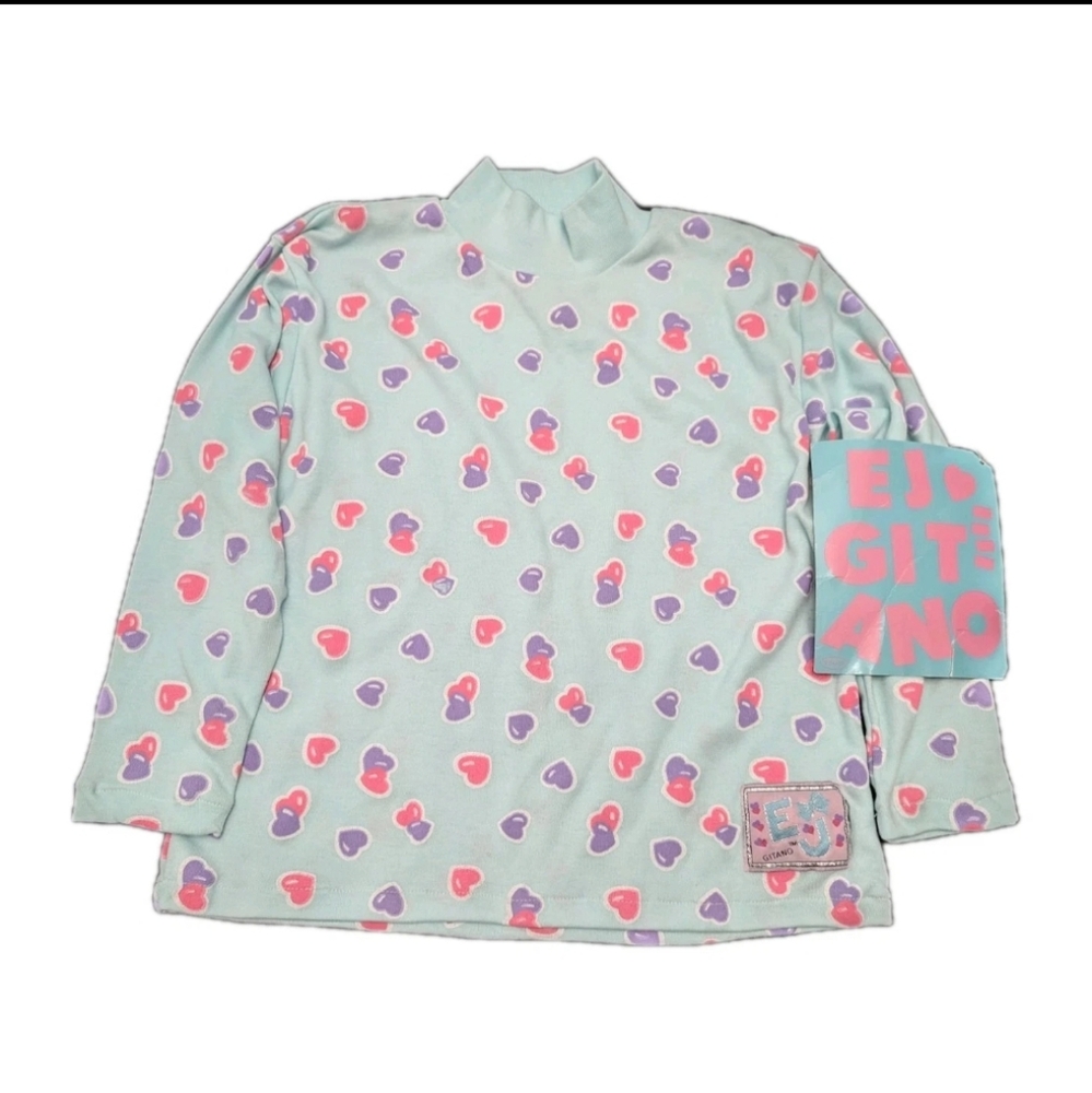 Vintage EJ GITANO Mock Neck Long Sleeve Blue All Over Heart Print Girls 6X NWT